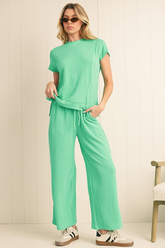Corded SPRING T Shirt and Wide Leg Pants Set THRIXINE