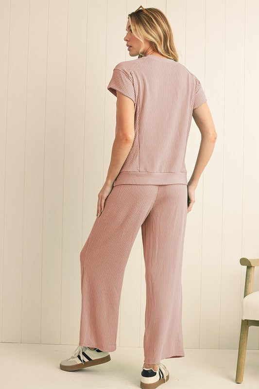 Corded SPRING T Shirt and Wide Leg Pants Set THRIXINE