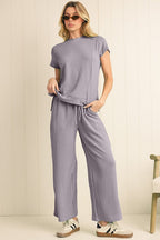 Corded SPRING T Shirt and Wide Leg Pants Set THRIXINE