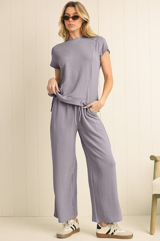 Corded SPRING T Shirt and Wide Leg Pants Set THRIXINE