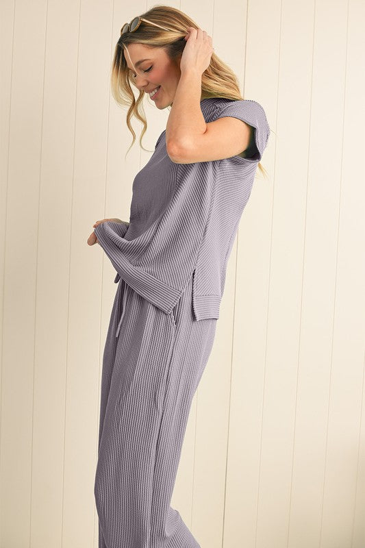 Corded SPRING T Shirt and Wide Leg Pants Set THRIXINE