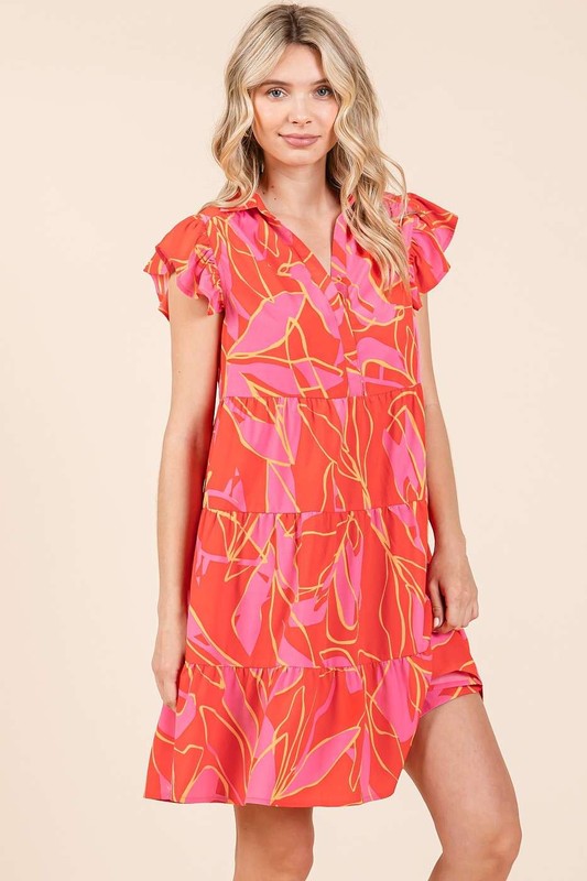 Leaf Print Ruffle Sleeve Tiered Mini Dress For Summer – Fluttering, Playful and Feminine Dress with Layered Details Stevvex