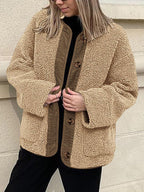Modern Cozy Women Luxuriously Cozy Contrast Button Up Sherpa Jacket with Pockets For Fall & Winter Stevvex