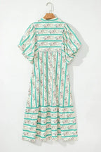 Multicolor Boho Floral Striped Tie V Neck Long Dress