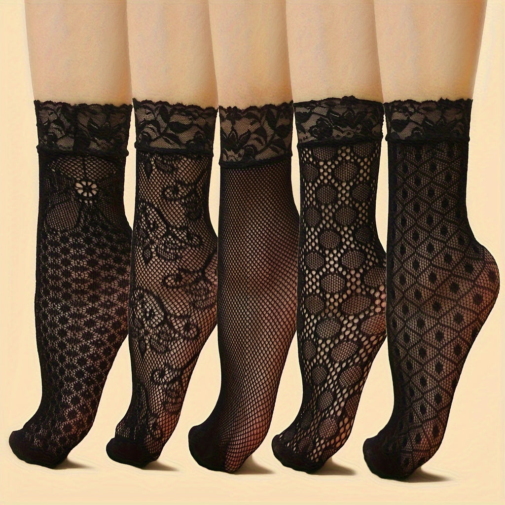 5 Pairs Fashion Thin Floral Lace Socks, Comfy & Breathable Short Socks, Women's Stockings & Hosiery Lootquake LLC