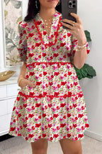 Red Floral Puff Sleeve Tiered Ric Rac Pocketed Mini Dress