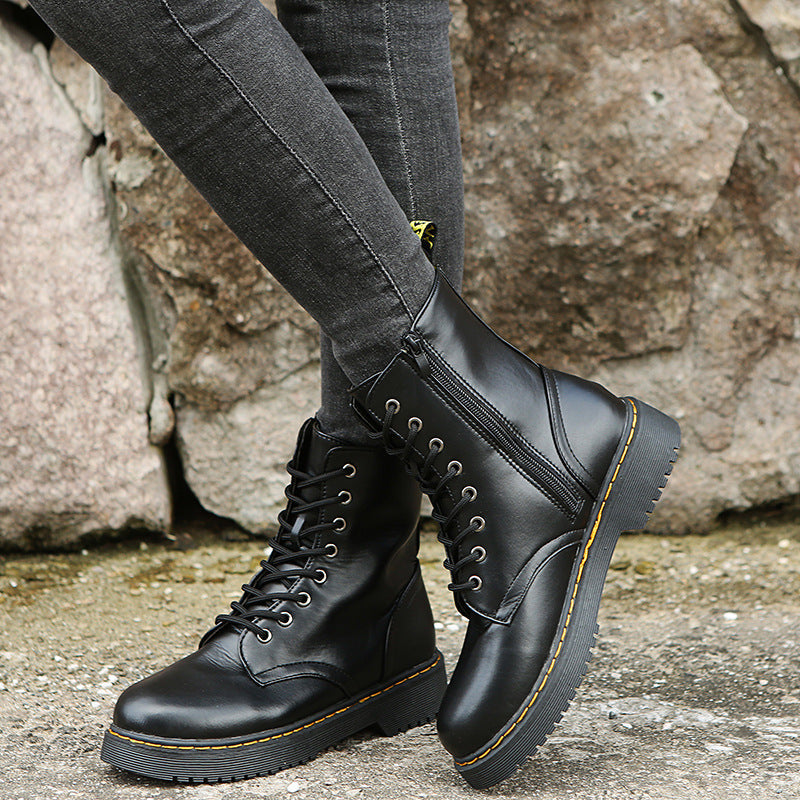 Fashion Lace-up Boots For Women Autumn And Winter Black White Zipper Mid-calf Boots Elegant Low Heel Shoes Pi-Mart