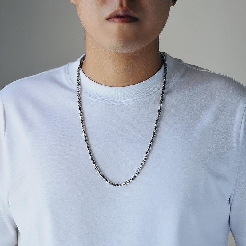Men's Fashionable Silver Plaid Necklace Pi-Mart