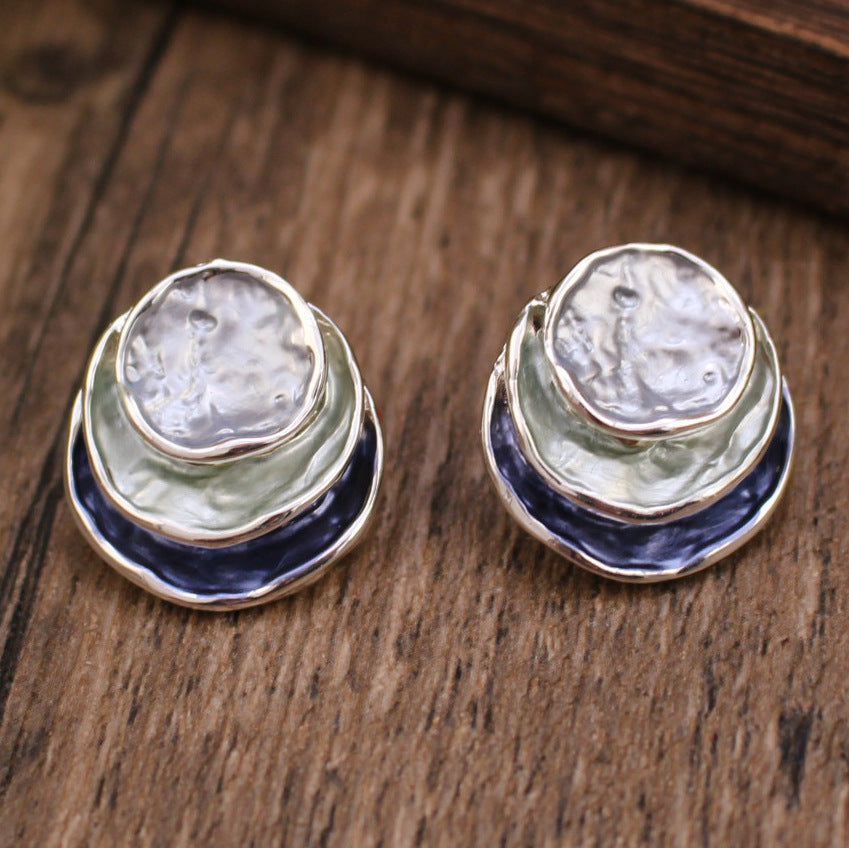 Ins Three-colored Painting Round Earrings Fashion Elegant Versatile Geometric Earrings For Women Jewelry Pi-Mart