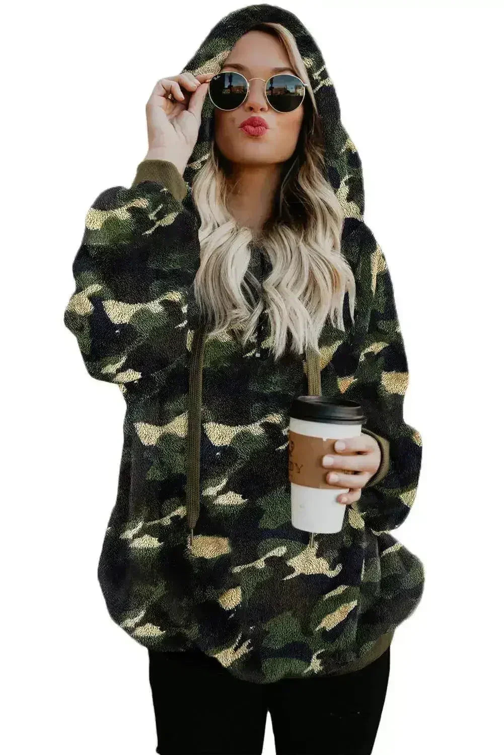 Women's Winter Green Camo Print Warm Furry Pullover Hoodie - SJB-DIAMOND ELITES