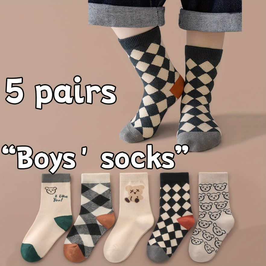 5 Pairs of Vibrant Cartoon Checkered Crew Socks for Boys - Calf Socks with Breathable, Comfy, Casual Style for Unisex Kids, Perfect for Outdoor Play All Seasons, Soft, Gentle, and Durable Lootquake LLC