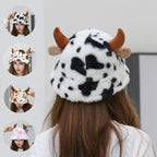 Cow Pattern Fisherman Hat With Cute Horn Winter Fashion Thickened Warm Plush Hat For Women Pi-Mart