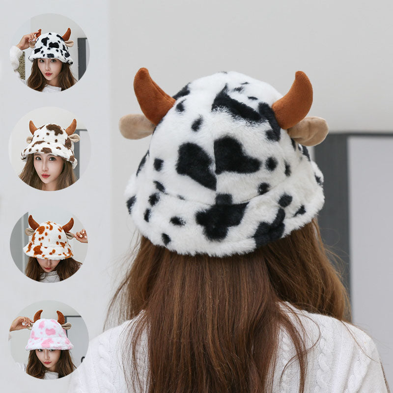 Cow Pattern Fisherman Hat With Cute Horn Winter Fashion Thickened Warm Plush Hat For Women Pi-Mart