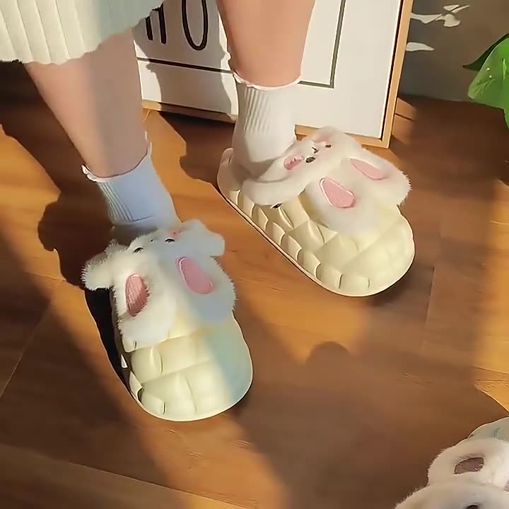 Cute Rabbit Shoes Winter Fuzzy Slippers Women Detachable Washable House Shoes Pi-Mart