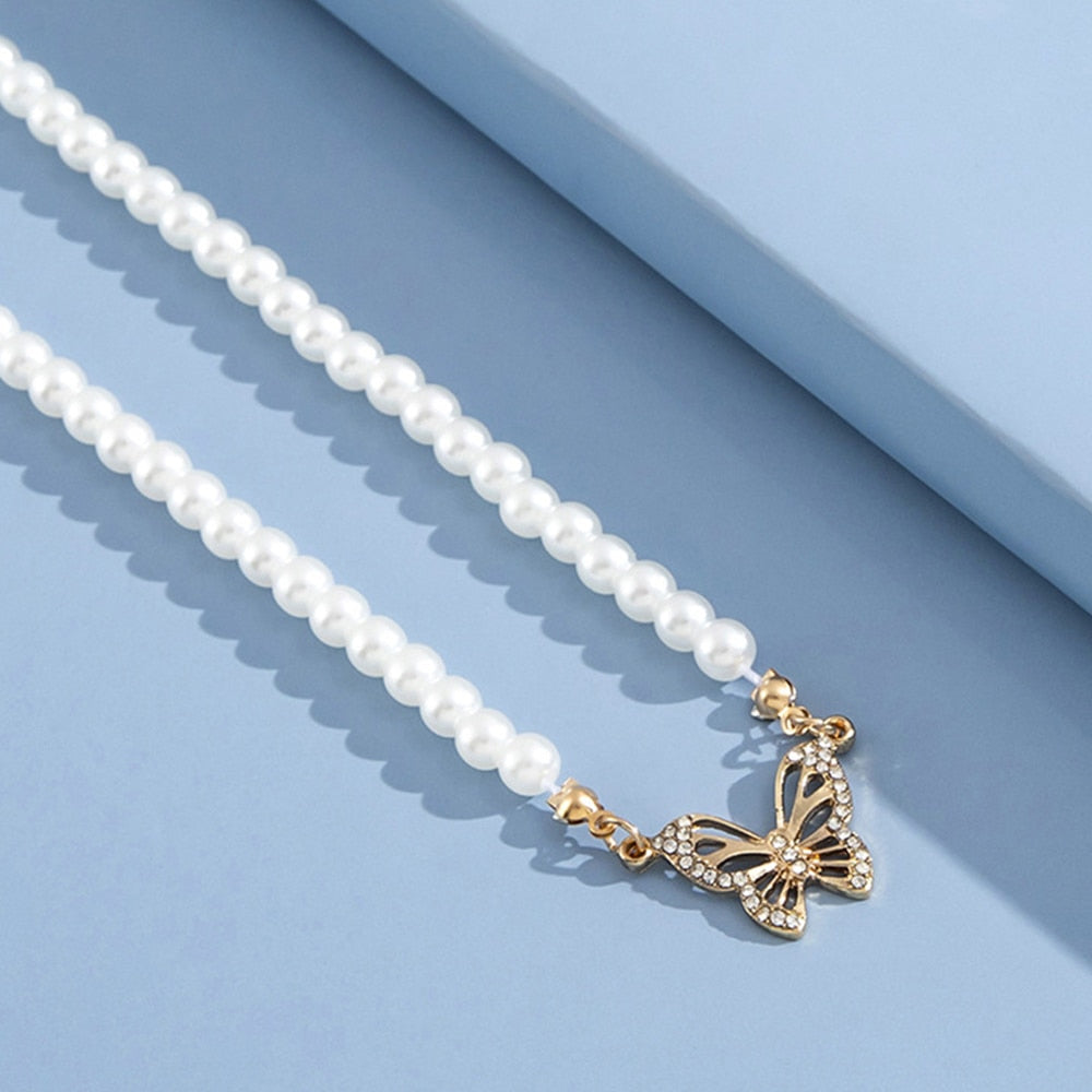 Rhinestone Butterfly Pendant Pearl Necklace Pi-Mart