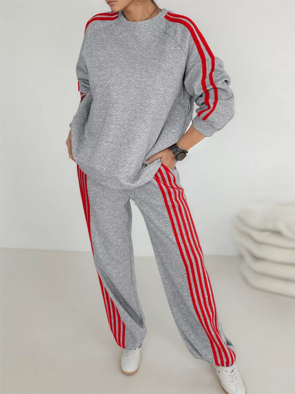 Casual Striped Sweatshirt and Pants Set THRIXINE