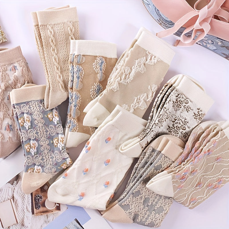 9-Pair Elegant Floral Print Mid-Tube Socks - Soft & Breathable Fabric - Perfect for Casual & Dressy Occasions Lootquake LLC
