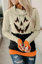 Cute Black Cowl Neck Pumpkin Print Color Block Halloween Sweatshirt - SJB-DIAMOND ELITES
