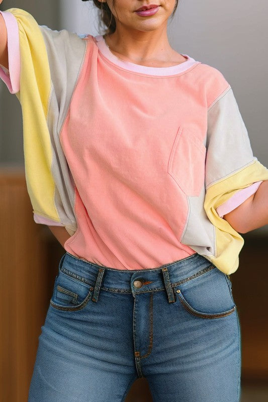 Colorblock Patchwork Oversized T Shirt THRIXINE
