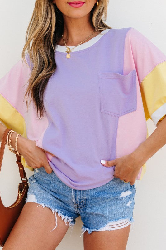 Colorblock Patchwork Oversized T Shirt THRIXINE