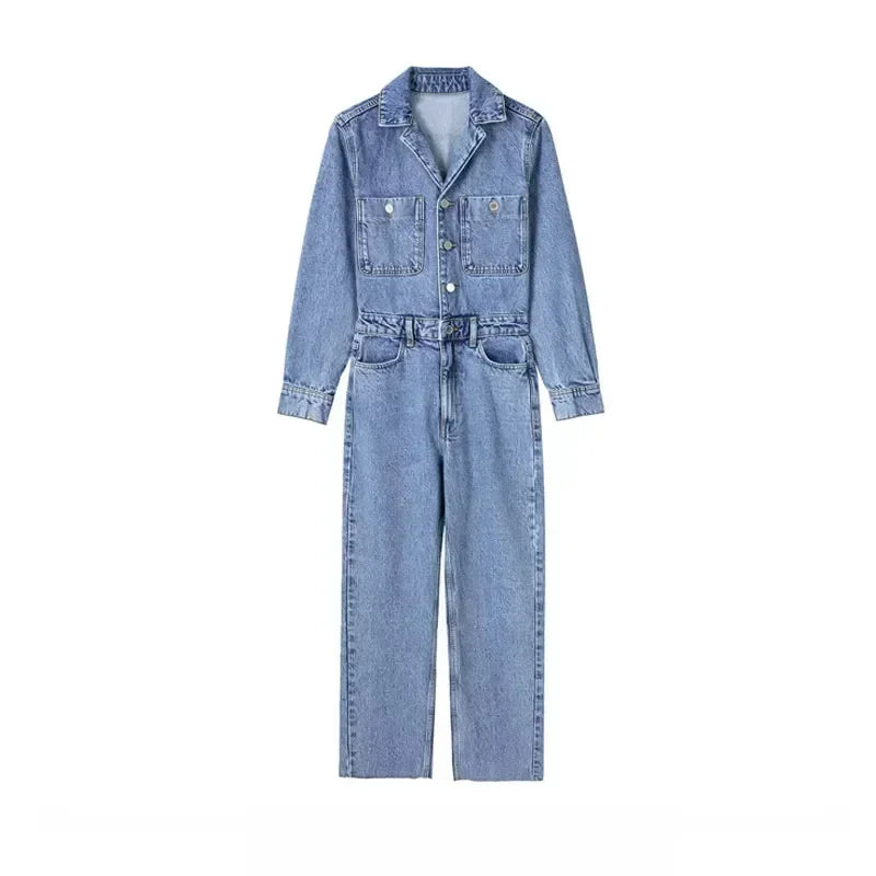 Autumn Denim Jumpsuit for Women Overalls Woman Jean Overalls Long Sleeve Elegant Jumpsuits Y2k Streetwear 2024 Turn Down Collar Purplish Diva