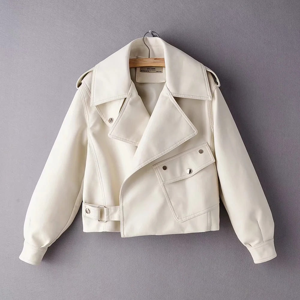 Lapel Short Motorcycle Leather Ladies Jacket Pi-Mart