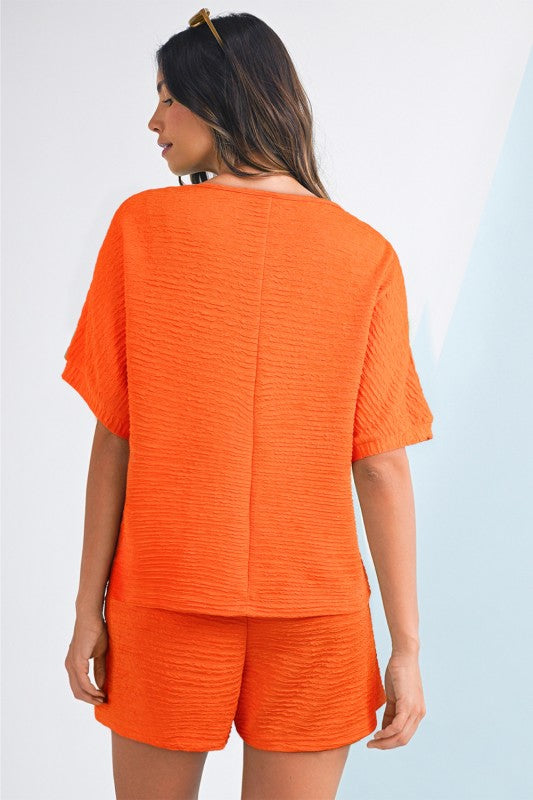 Textured V Neck T Shirt and Shorts Set THRIXINE
