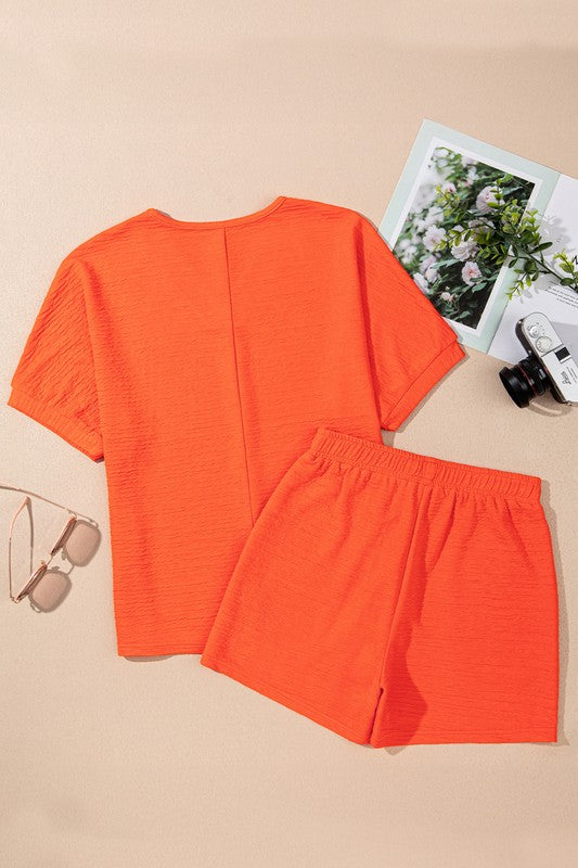 Textured V Neck T Shirt and Shorts Set THRIXINE
