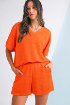 Textured V Neck T Shirt and Shorts Set THRIXINE