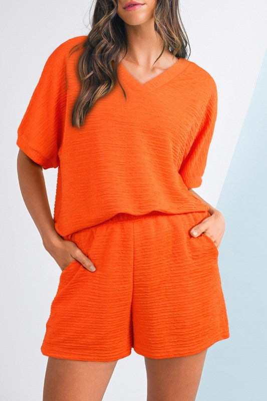 Textured V Neck T Shirt and Shorts Set THRIXINE