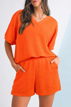Textured V Neck T Shirt and Shorts Set THRIXINE