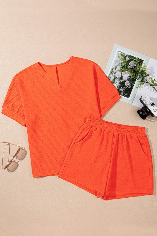 Textured V Neck T Shirt and Shorts Set THRIXINE