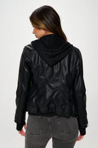 Black Double Zip Hooded Long Sleeve Jacket Modern & Functional Vegan Leather Outerwear Stevvex