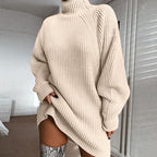 Solid Turtleneck Long Sweater Winter Warm Women Sweater Dress Pi-Mart
