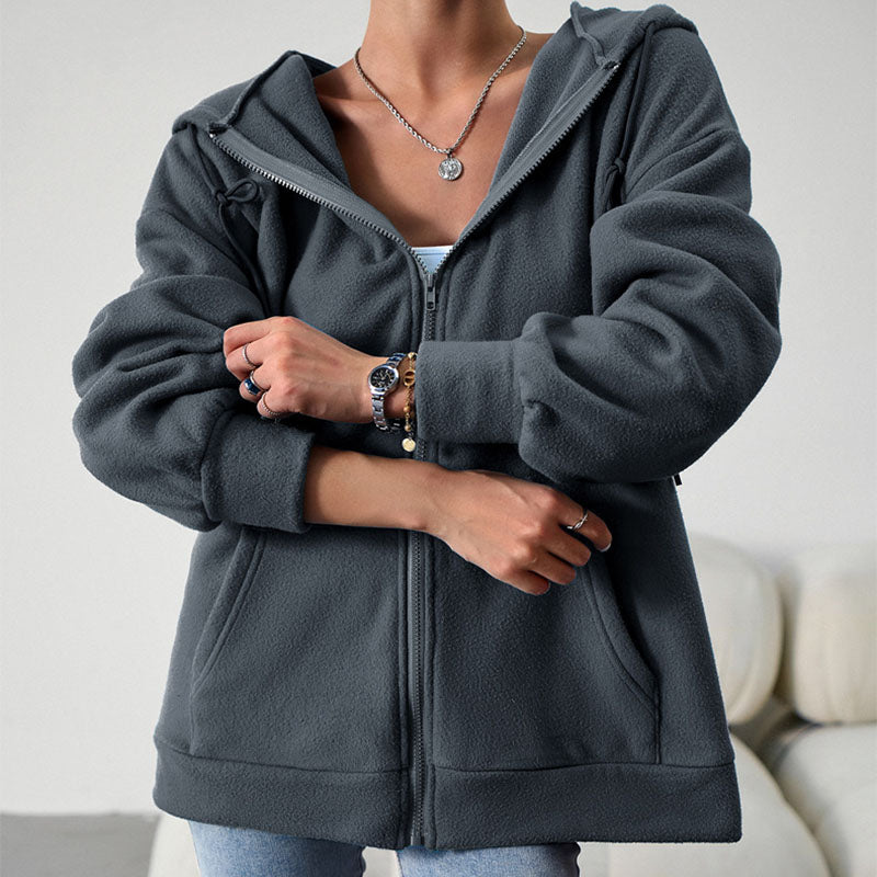 Casual Fashion Hooded Cardigan Jacket With Pockets Winter And Autumn Loose Sports Coat Women Solid Outwear Clothing Pi-Mart