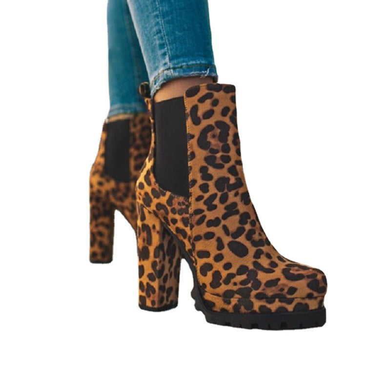 Round-toe Ankle Boots Solid Leopard Print Thick Square High Heel Shoes Ladies Casual Fashion Autumn Winter Suede Dress Party Boots Pi-Mart