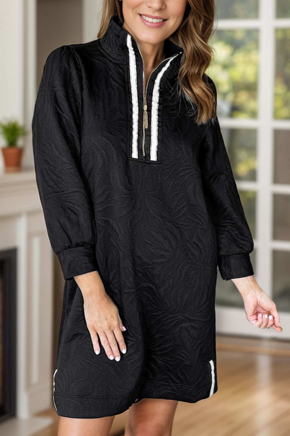 Classic Textured Zip Mini Dress Trendy Long Sleeve Dress for Women Modern Dress Stevvex