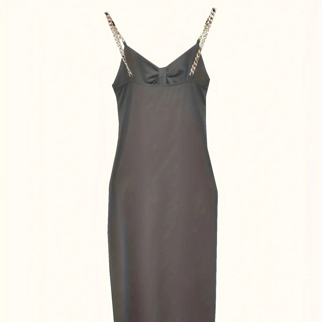 Women's Solid Color New Fashionable Metal Chain Hollow Chest Pleat Details Slit Design Sense Long Sexy Style Dress - SJB-DIAMOND ELITES