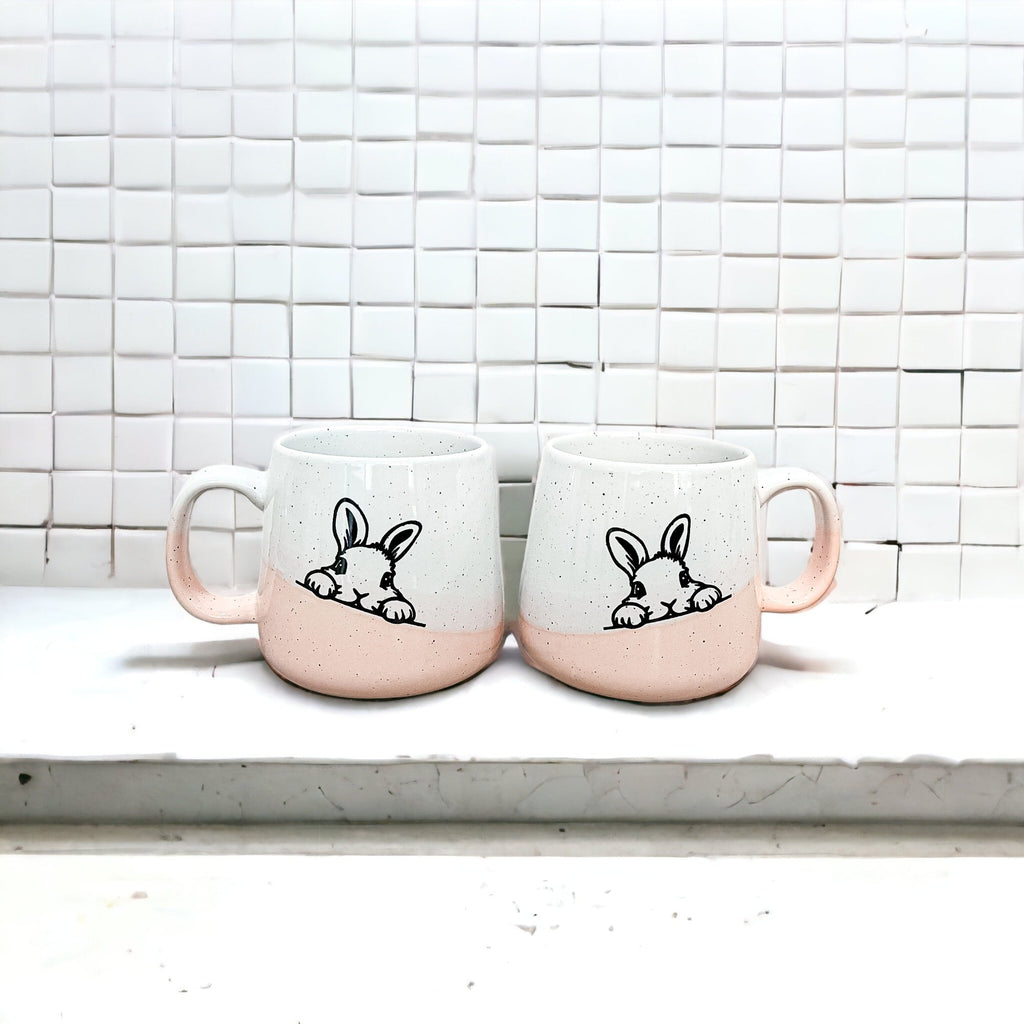 Farmhouse Ceramic Bunny Mug Hand-Painted Ivory With Pastel Pink Base, 12 Oz BandsCo Straps