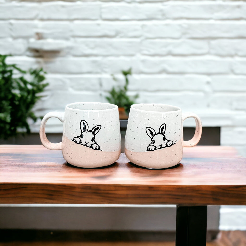 Farmhouse Ceramic Bunny Mug Hand-Painted Ivory With Pastel Pink Base, 12 Oz BandsCo Straps