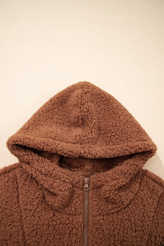 Solid Sherpa Fleece Zip Up Hooded Jacket THRIXINE