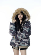 American Vintage Army Green Camouflage Fur Collar Hood Jacket Pi-Mart