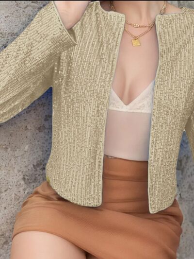 Elegant Women Full-Size Sequin Open Front Cropped Jacket With Glamorous Sparkle Luxury Women Party Jacket Stevvex