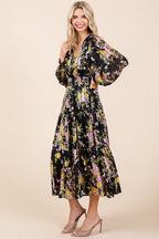 Flower Print Satin Lurex Stripe Smocked Midi Dress For Summer – Elegant and Sparkling Floral Dress with Tiered Design