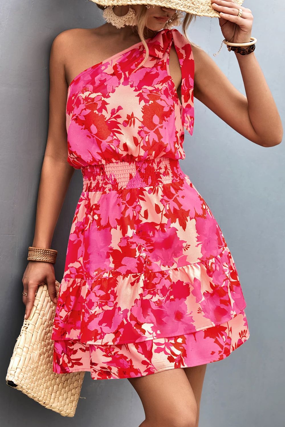 Pink Smocked Printed Single Shoulder Dress Feminine & Flattering Summer Style Dresses Stevvex