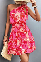 Pink Smocked Printed Single Shoulder Dress Feminine & Flattering Summer Style Dresses Stevvex