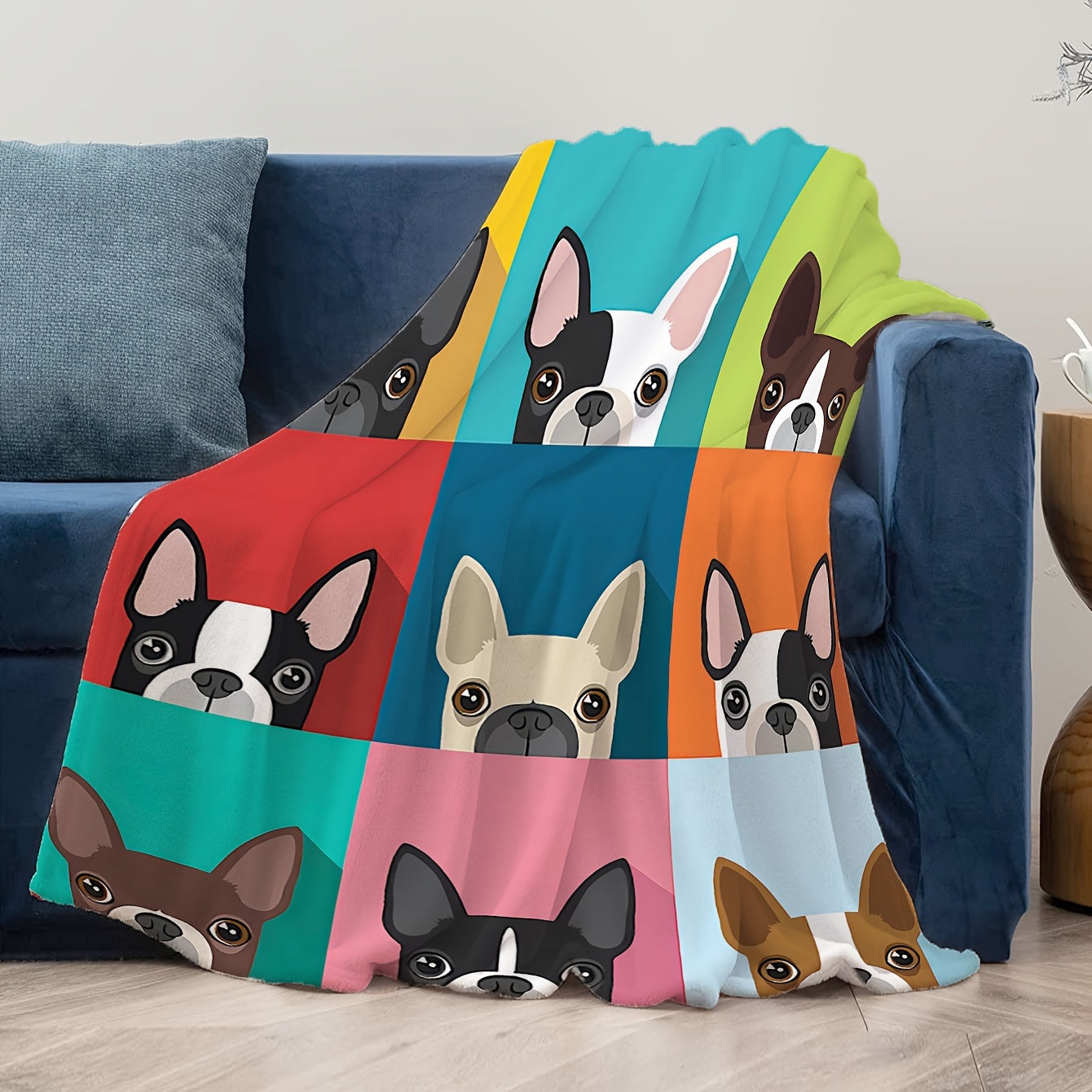 1pc Colorful French Bulldog Patchwork Flannel Blanket, Cozy Throw Blanket For Couch, Preppy Style, Home Decor, Soft Warm Comfort, Large Multi-Color Dog Print Lootquake LLC
