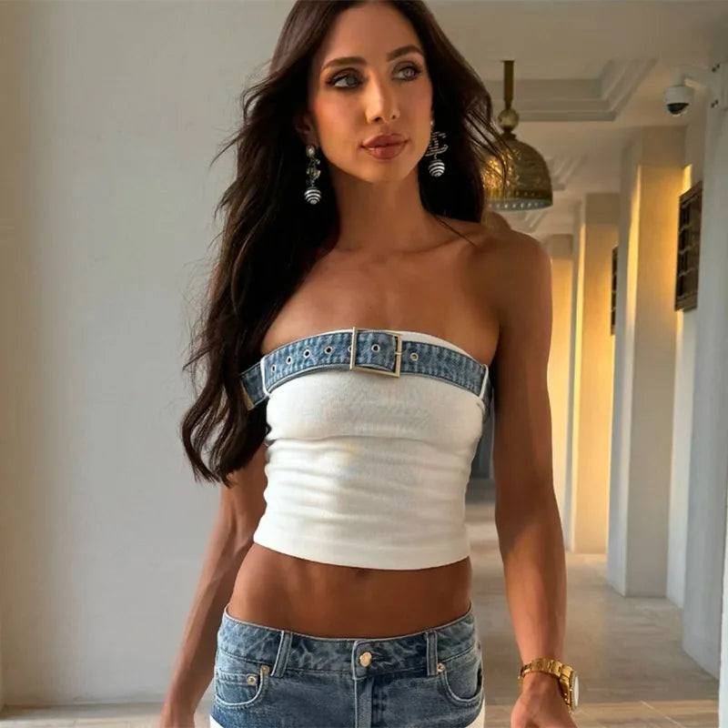 Chic Women Patchwork Denim 2-piece Sets Strapless Sleeveless Tops Baggy Wide Leg  Dragging Pants Outfits Elegant Casual Suits Purplish Diva