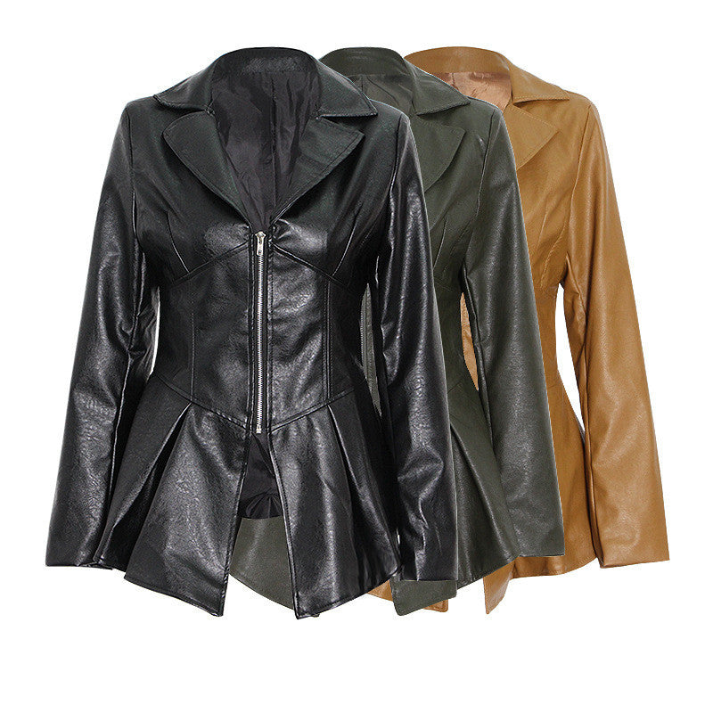 Suit Collar Hem Ruffled Slim-Fit Motorcycle PU Leather Jacket Pi-Mart