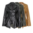 Suit Collar Hem Ruffled Slim-Fit Motorcycle PU Leather Jacket Pi-Mart